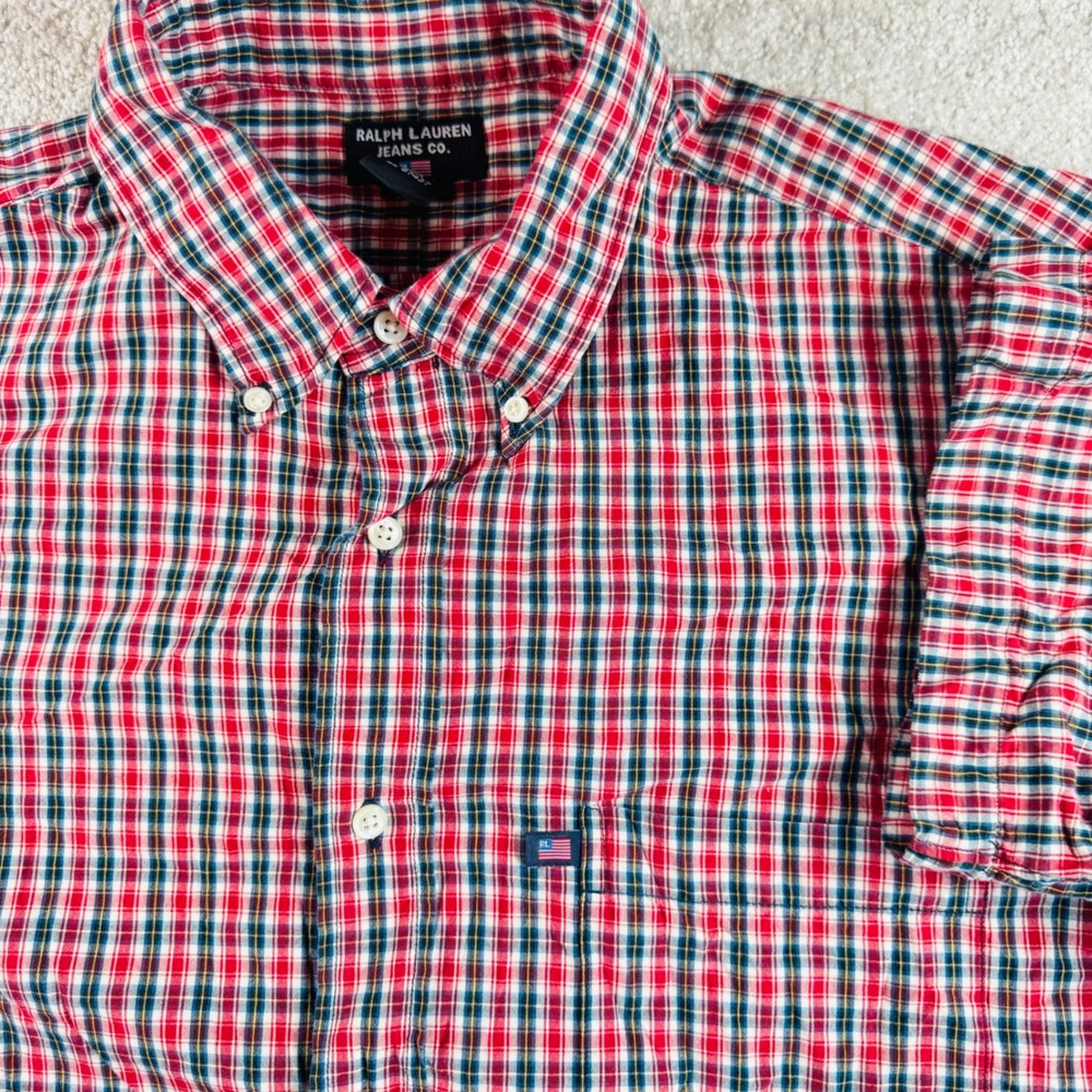 Ralph Lauren Jeans Co Mens Large Red Plaid Short Sleeve Button Down Cotton Shirt